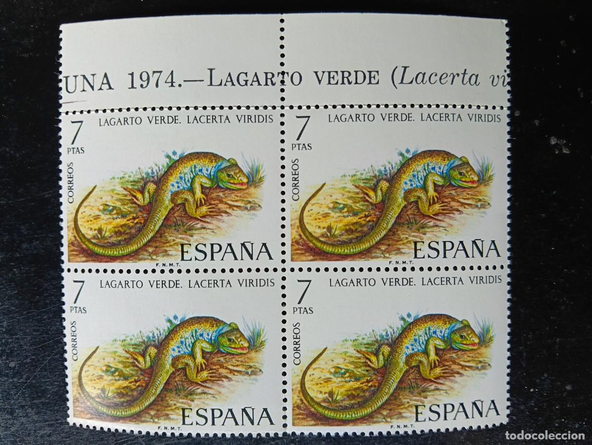 Sellos: Espa&ntilde;a 1974 - Edifil 2195 - Fauna hispanica. lagarto verde - bloque de 4