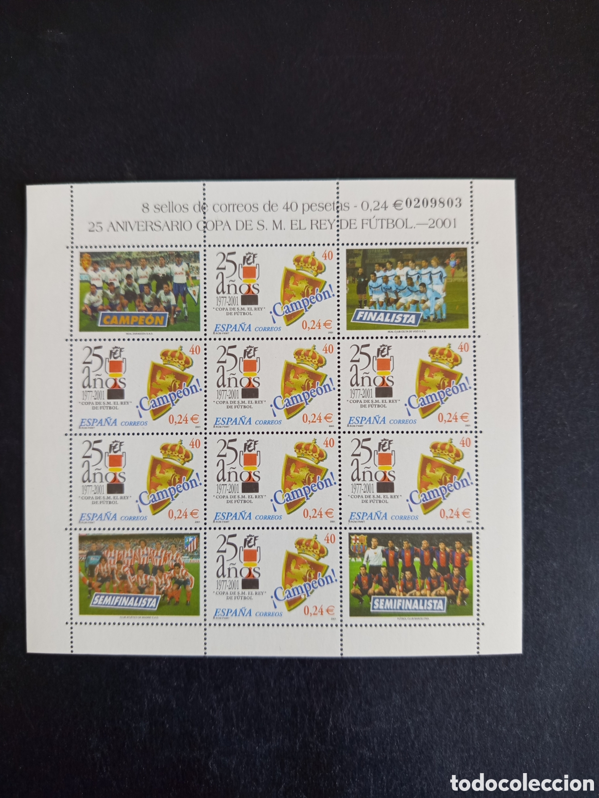 Sellos: Espa&ntilde;a, 2001. Mini pliego 25 Aniversario Copa F&uacute;tbol Rey. Ed. MP. 75. Pedido m&iacute;nimo 3 &euro;. Ver fotos