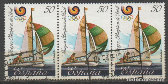 Sellos: EDIFIL 2958, VELA, JUEGOS OLIMPICOS DE SEUL, PRIMER DIA DE 10-9-1988 USADO EN TIRA DE 3