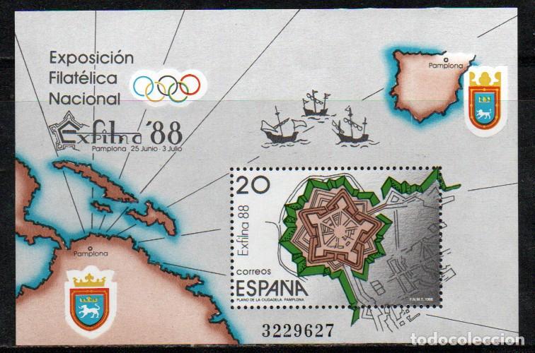 Sellos: EDIFIL 2956, EXFILNA 1988, PLANO DE LA CIUDADELA DE PAMPLONA, NUEVO ** EN HOJA BLOQUE