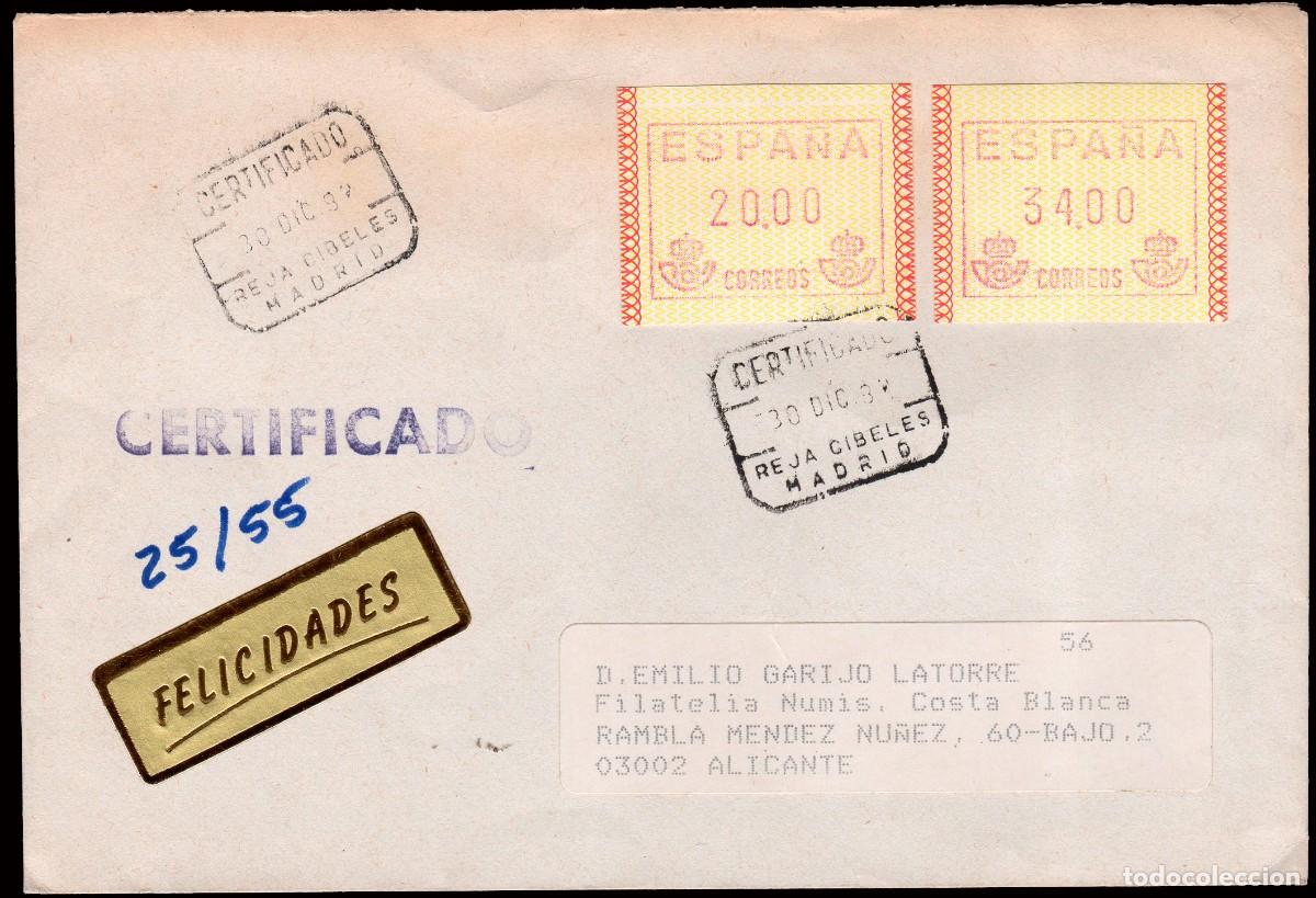 Sellos: Espa&ntilde;a - ATMs - Edi ** C. 1 - 1 - Sobre 2 etiquetas 20 y 34 Ptas. Mat &rdquo;Certificado 30/12/89...&rdquo;
