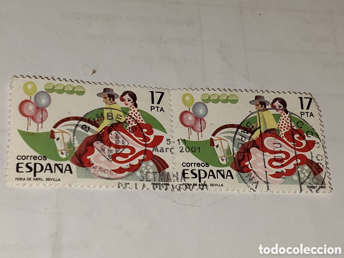 Sellos: Bloque de 2 sellos de Espa&ntilde;a feria abril de Sevilla 1985