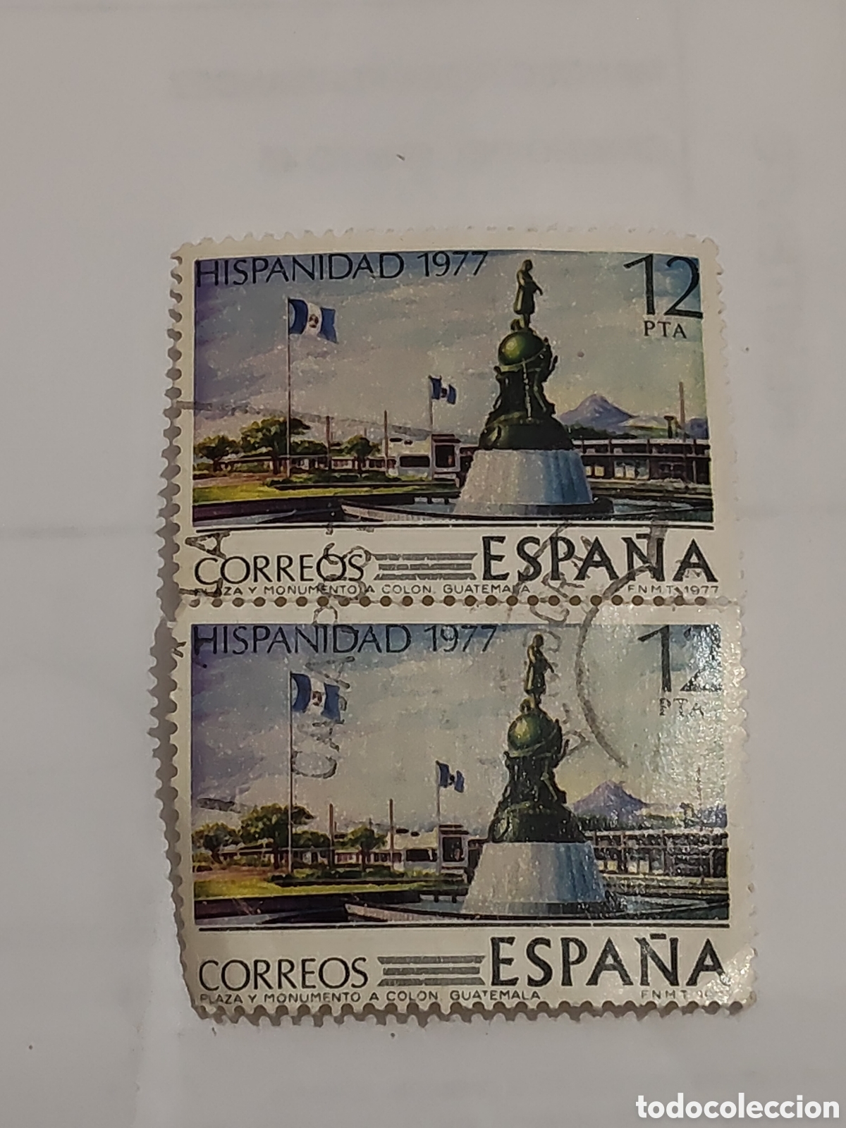Selos: Bloque de 2 sellos de Espa&ntilde;a (Hispanidad) Guatemala 1977