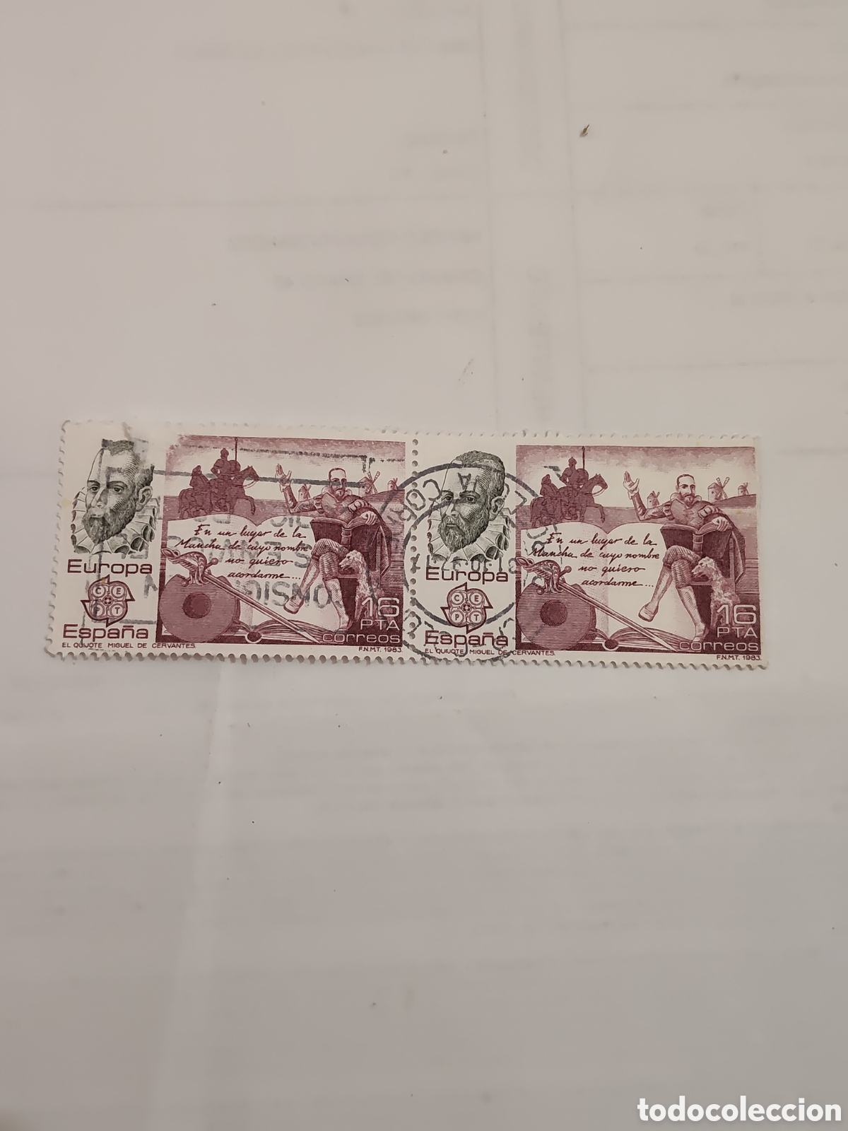 Sellos: Bloque de 2 sellos de Espa&ntilde;a Miguel de Cervantes y su obra 1983