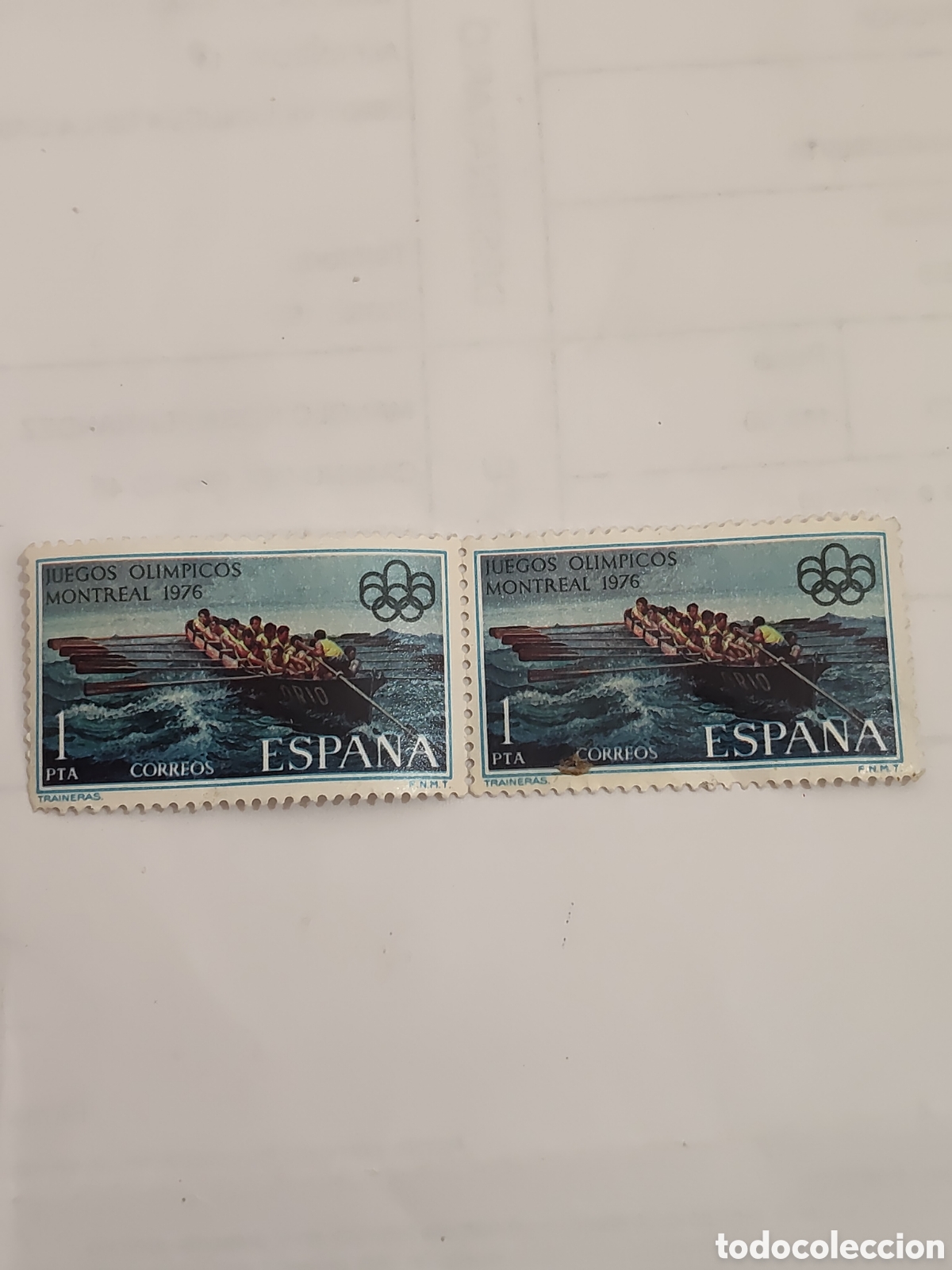 Sellos: Bloque de 2 sellos de Espa&ntilde;a juegos Ol&iacute;mpicos en Montreal Traineras 1976