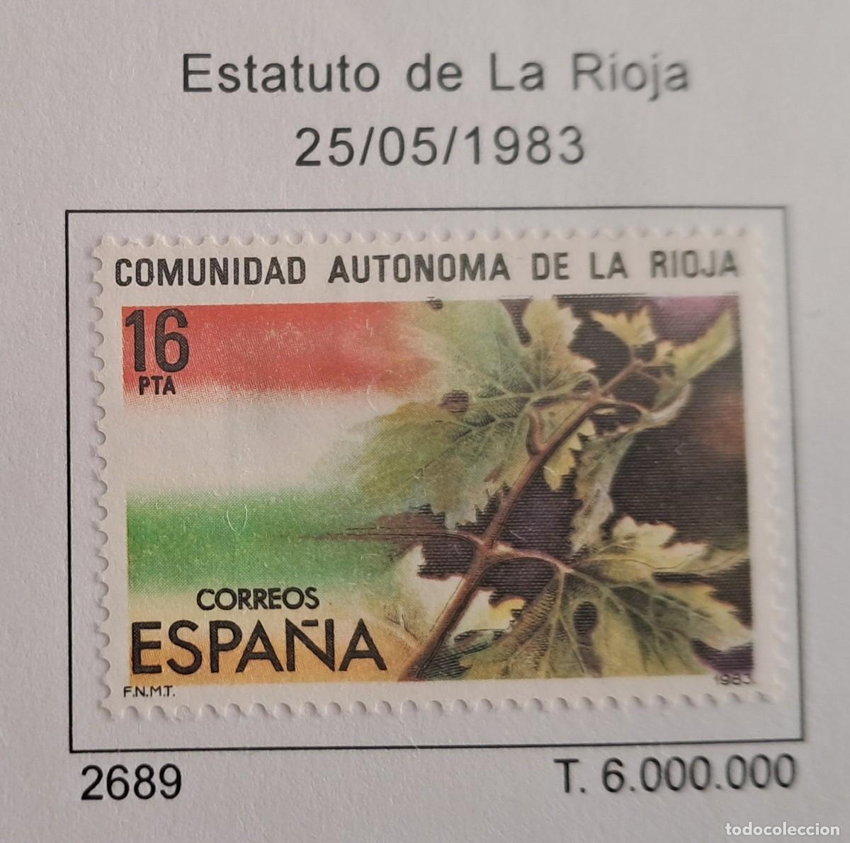 Sellos: sello de Espa&ntilde;a usado, estatuto de La Rioja, edifil 2689, a&ntilde;o 1983.