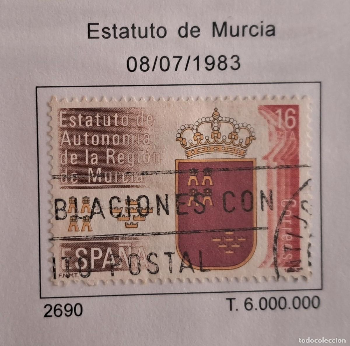 Sellos: sello de Espa&ntilde;a usado, estatuto de Murcia, edifil 2690, a&ntilde;o 1983.