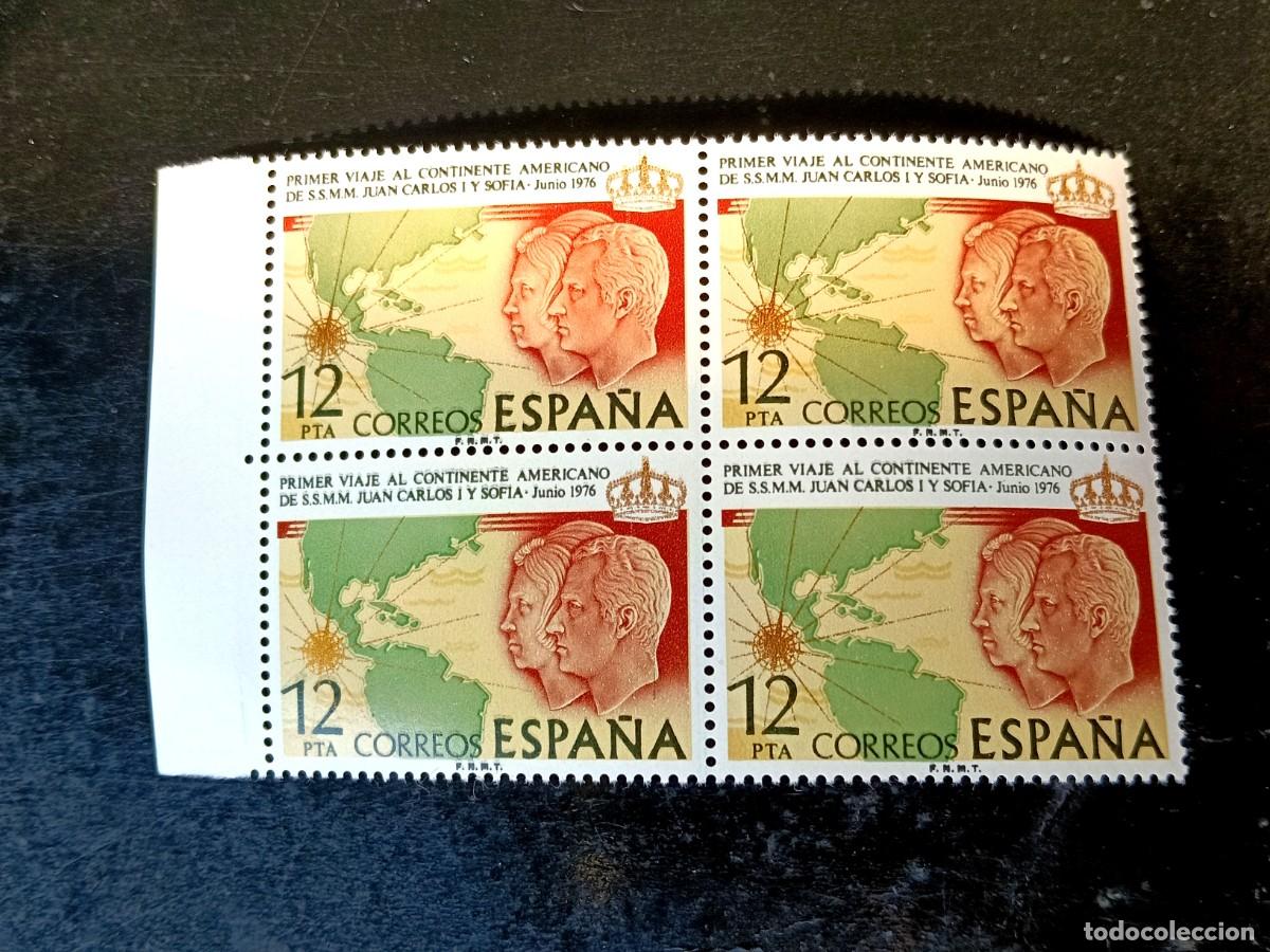 Sellos: Espa&ntilde;a 1976 - Edifil 2333 - Primer viaje al continente americano Reyes Espa&ntilde;a. Nuevos. Bloque de 4