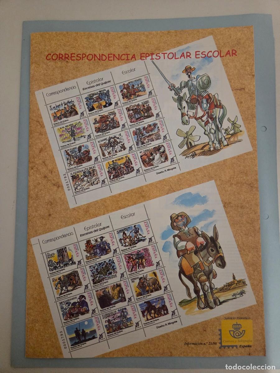 Sellos: D&iacute;ptico y cuatro mini pliegos de sellos (48 unidades) correspondencia epistolar El Quijote 1998