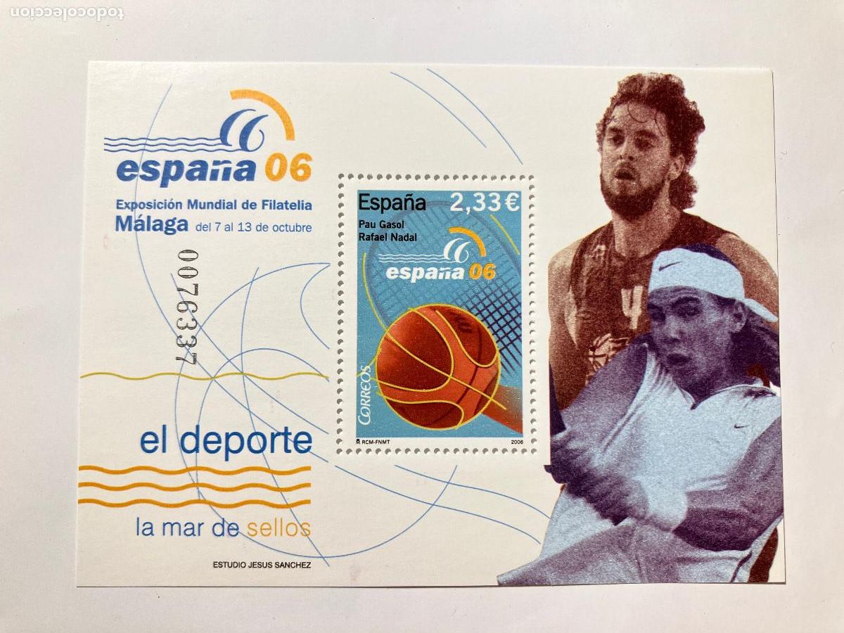 Sellos: Sello baloncesto tenis. Hoja bloque. Pau Gasol. Rafael Nadal. Exposici&oacute;n Mundial Filatelia, M&aacute;laga