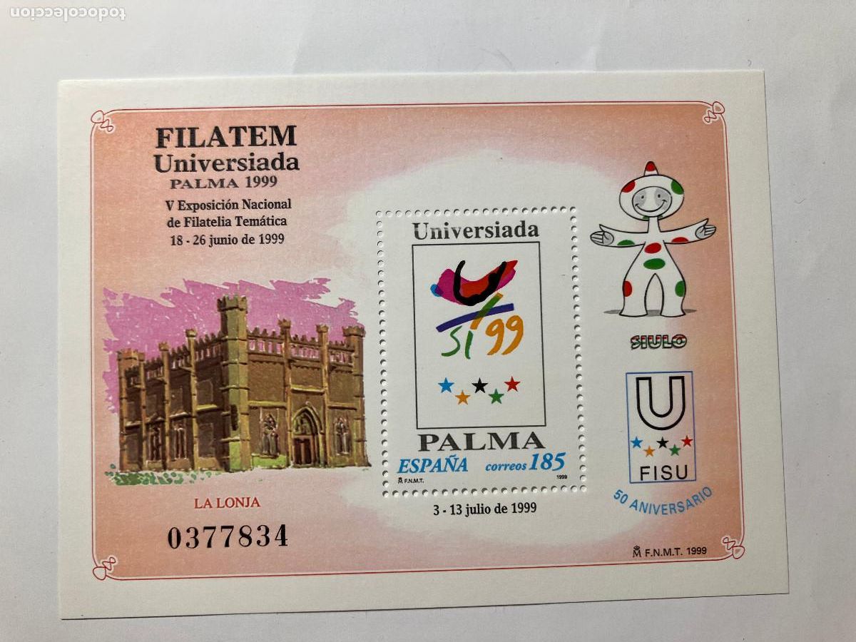 Sellos: Sello Hoja bloque. Exposici&oacute;n Nacional de Filatelia Tem&aacute;tica, Palma de Mallorca 1999. Universiada