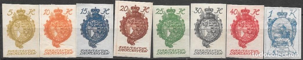 Sellos: LIECHTENSTEIN-SELLOS A&Ntilde;OS 1920-ESCUDO NACIONAL Y CASTILLO DE VADUZ-NUEVOS-IMPERFORADO-SERIE COMPLETA