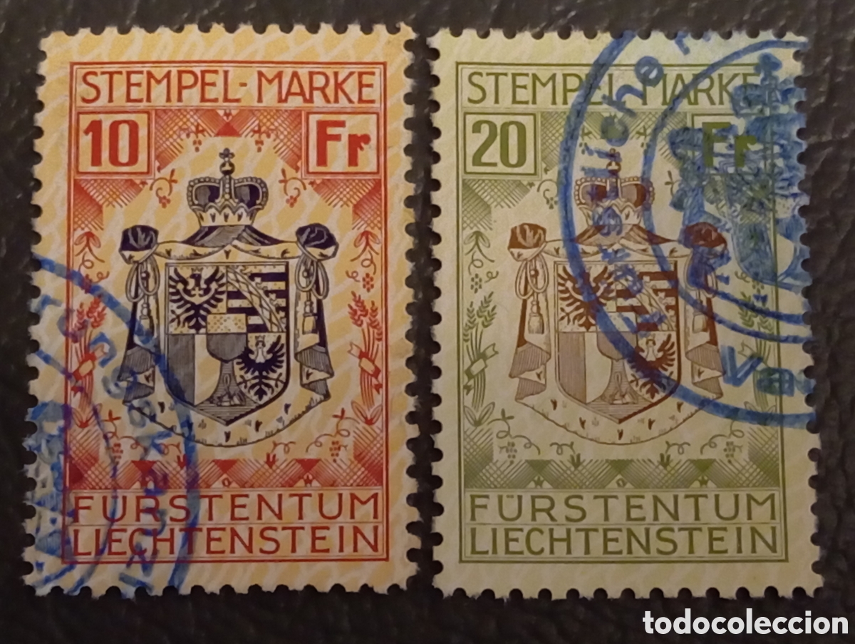 Sellos: Liechtenstein Fiscales 1920 - 10 Fr y 20 Fr (Barefoot #6, #7) Usados