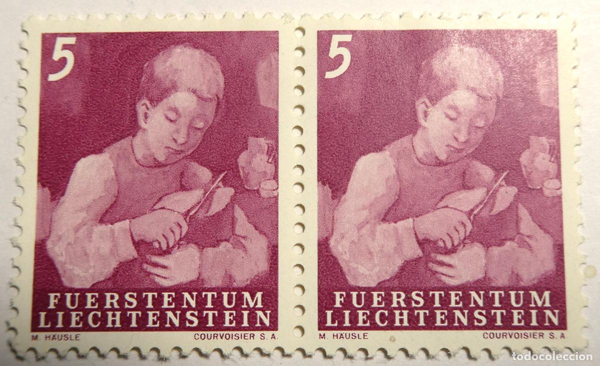 Sellos: 2 sellos postales de Liechtenstein,5 Rappen serie &rdquo;Trabajando la tierra&rdquo; 1951