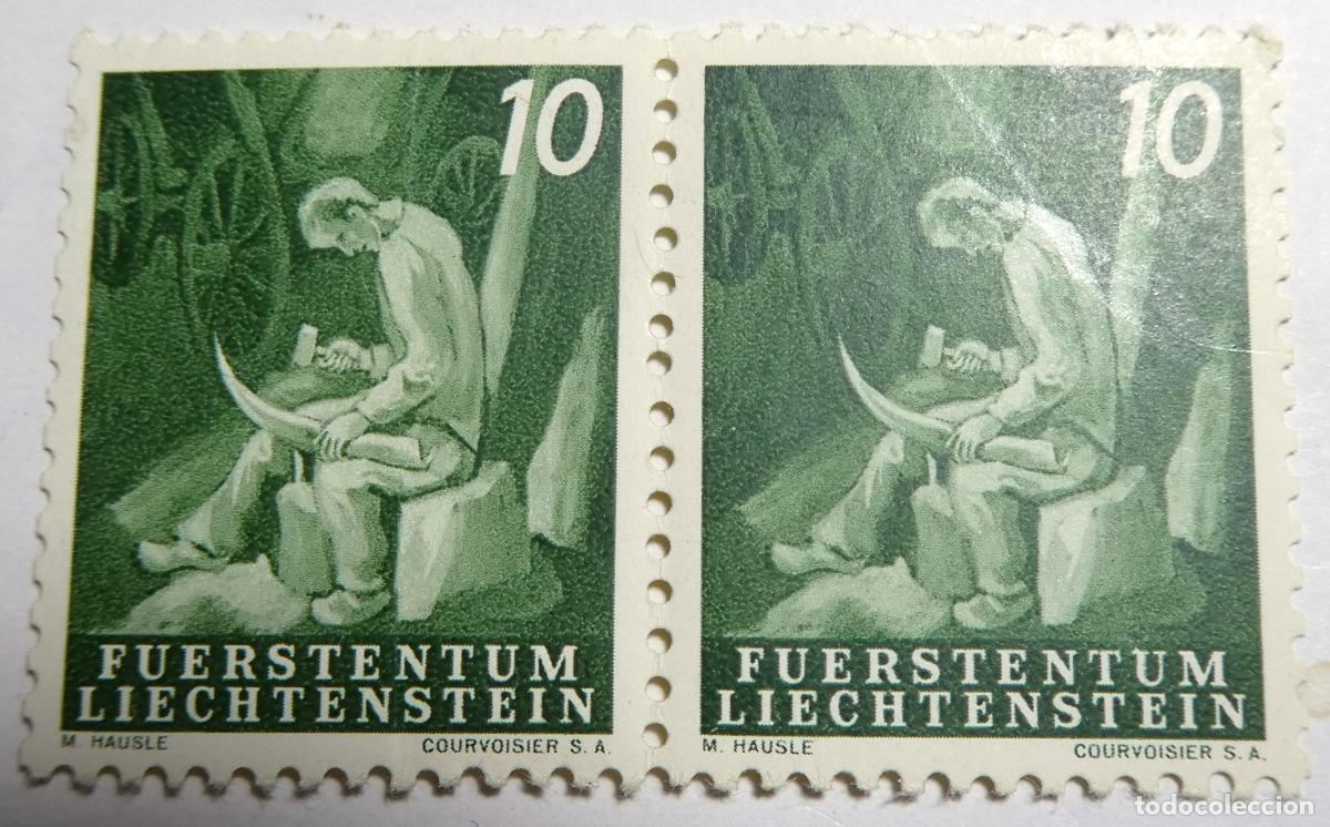 Sellos: 2 sellos postales de Liechtenstein,10 Rappen serie &rdquo;Trabajando la tierra&rdquo; 1951