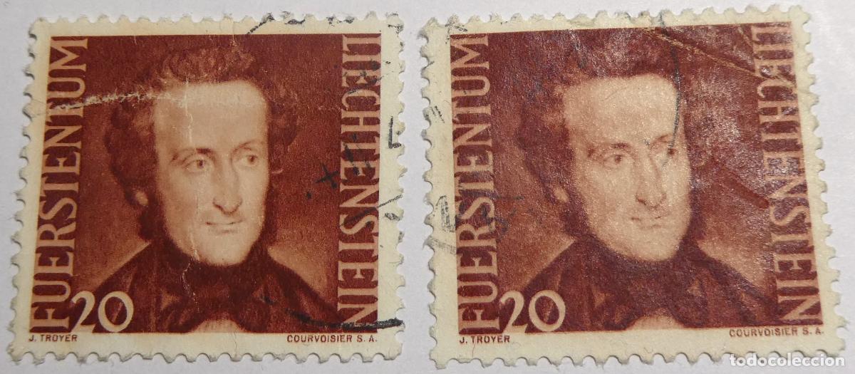 Sellos: 2 sellos postales de Liechtenstein,20 Rappen 1943 serie de &rdquo;Retratos Principescos&rdquo;