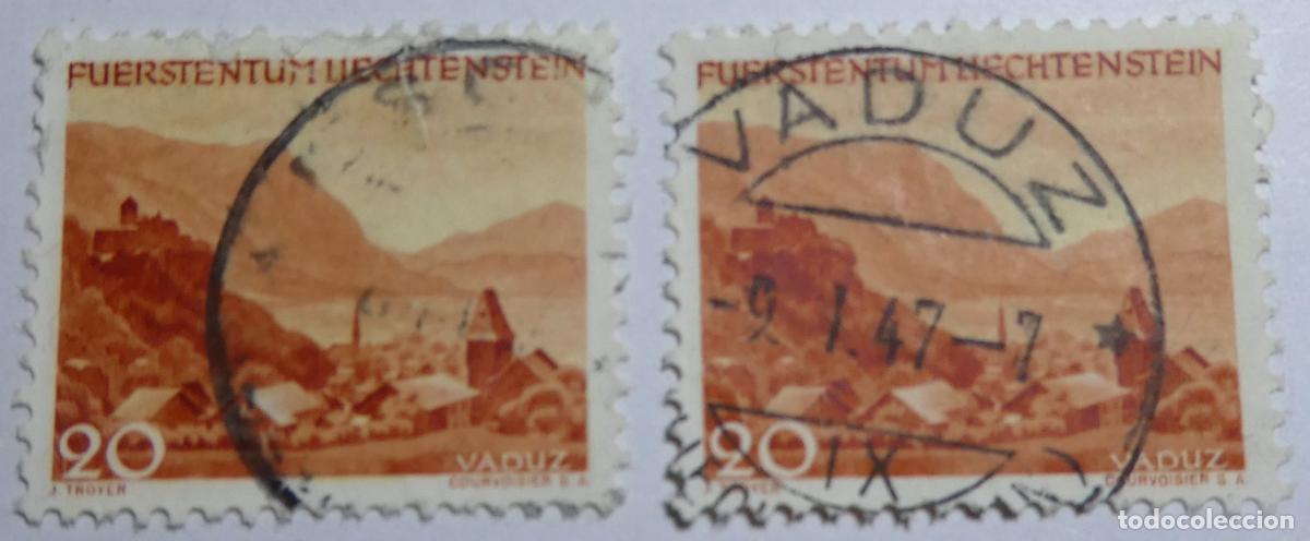 Sellos: 2 sellos postales de Liechtenstein,20 Rappen 1944 serie &rdquo;Paisajes&rdquo;