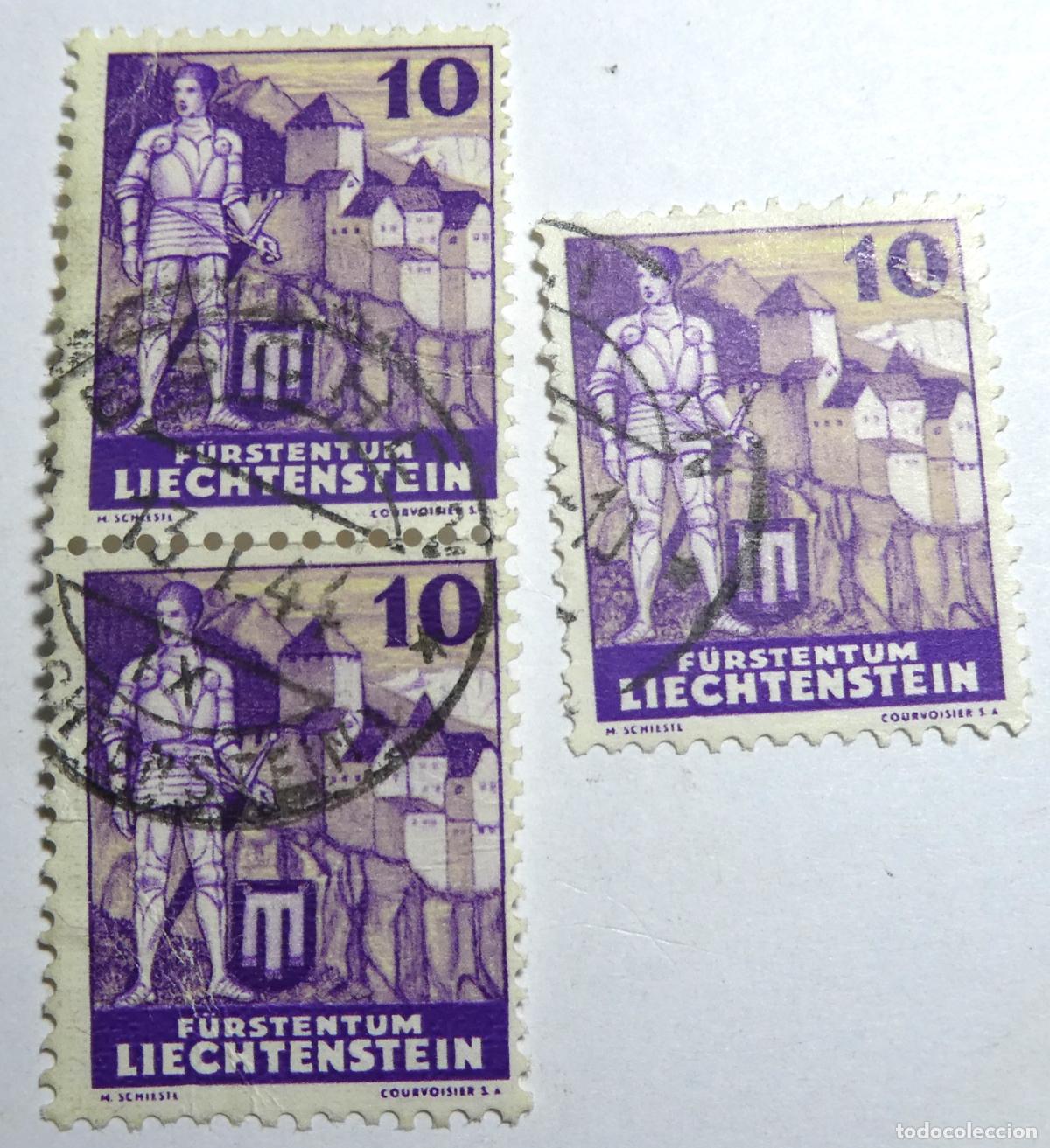 Sellos: 3 sellos postales de Liechtenstein,10 centavos 1937 serie &rdquo;Paisajes y Castillos&rdquo;