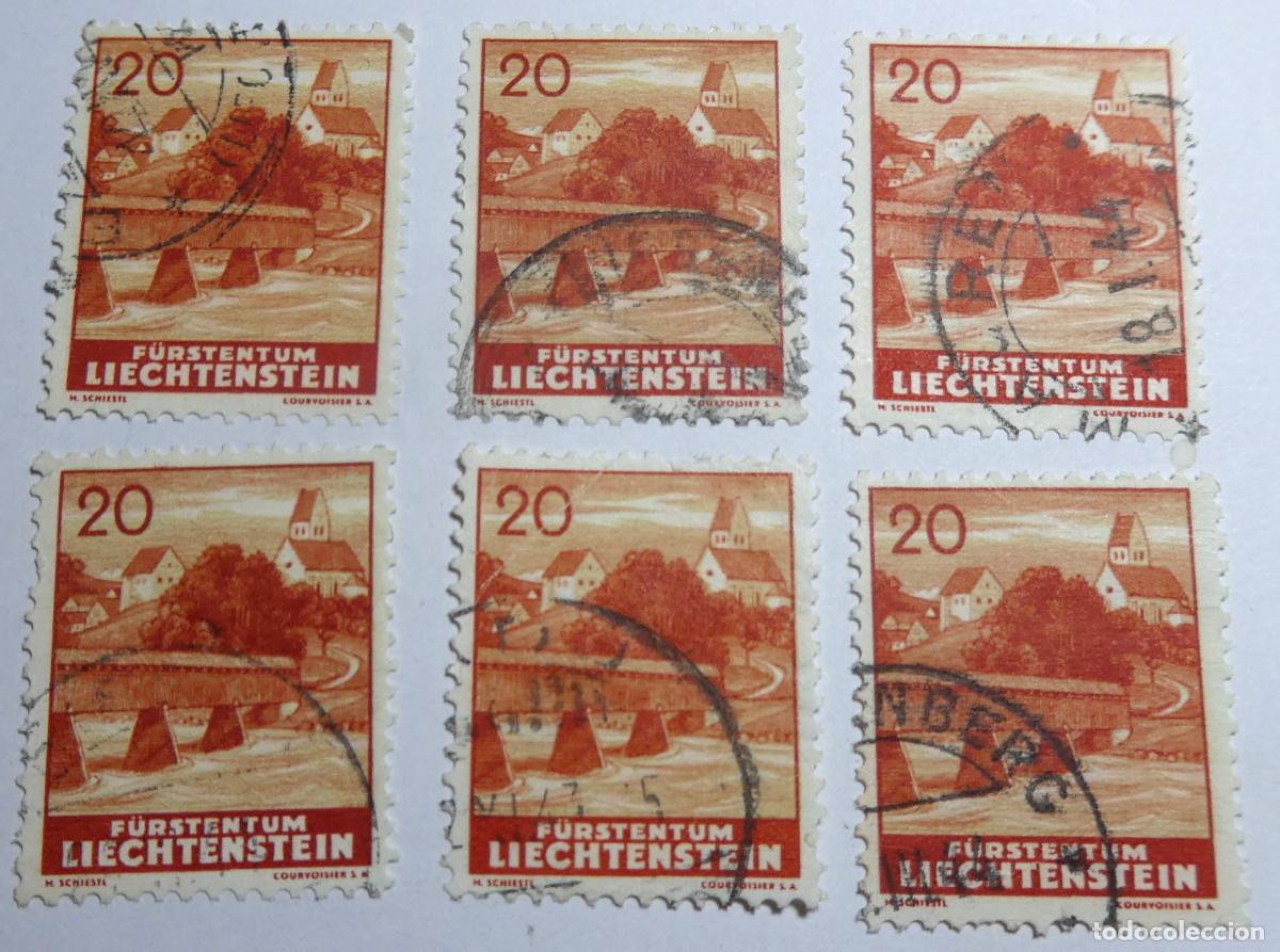 Sellos: 6 sellos postales de Liechtenstein,20 Rappen serie Paisajes