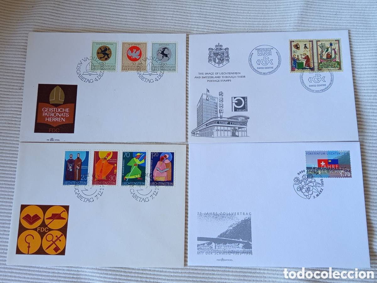 Sellos: Colecci&oacute;n 4 Sobres Primer D&iacute;a (FDC) Liechtenstein - A&ntilde;os 1970 a 1998