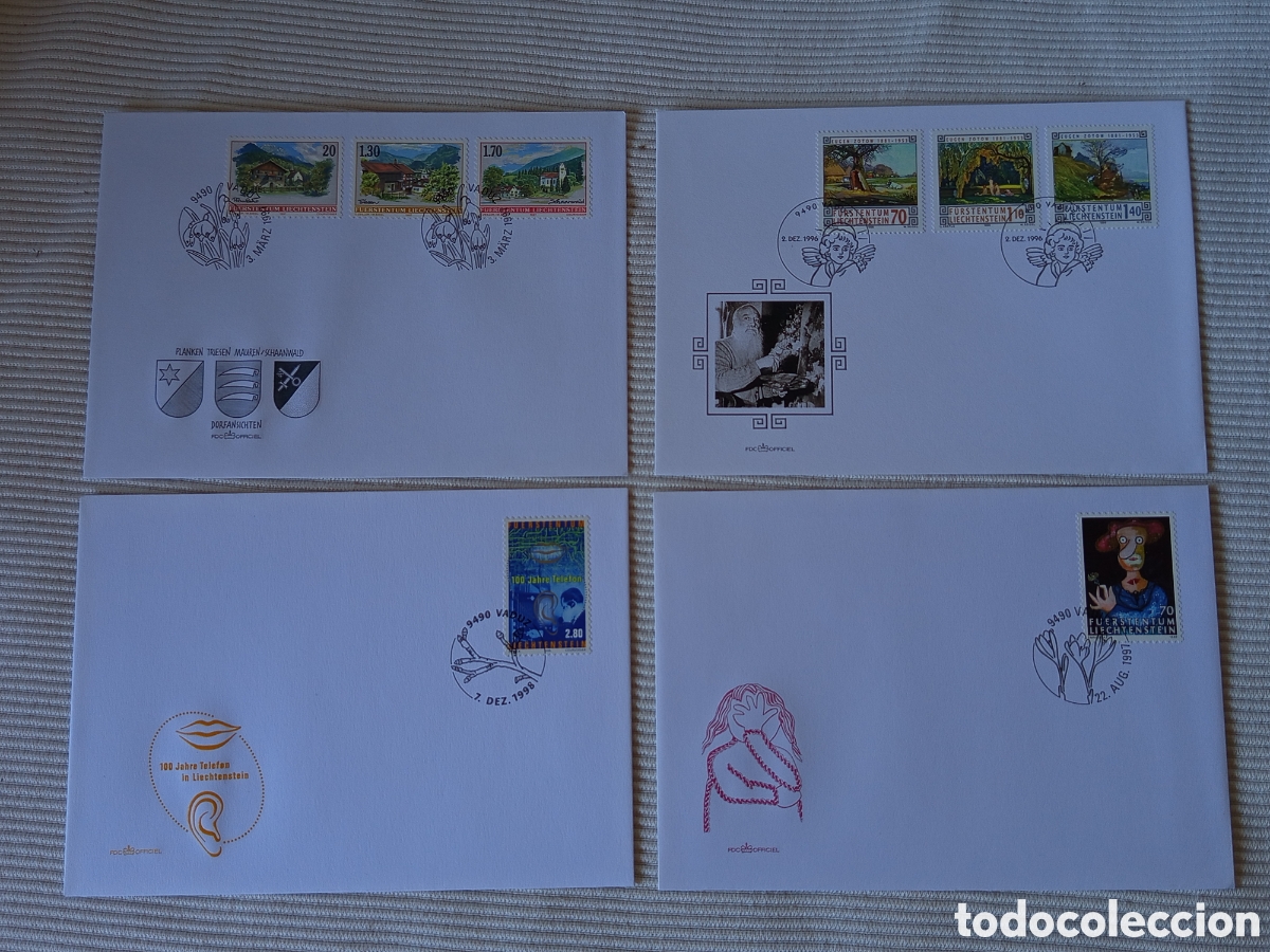 Sellos: Lote 4 Sobres Primer D&iacute;a (FDC) Liechtenstein 1996-1998 &bull; Cat. Michel n&ordm; 1144, 1150-52, 1160 y 1198