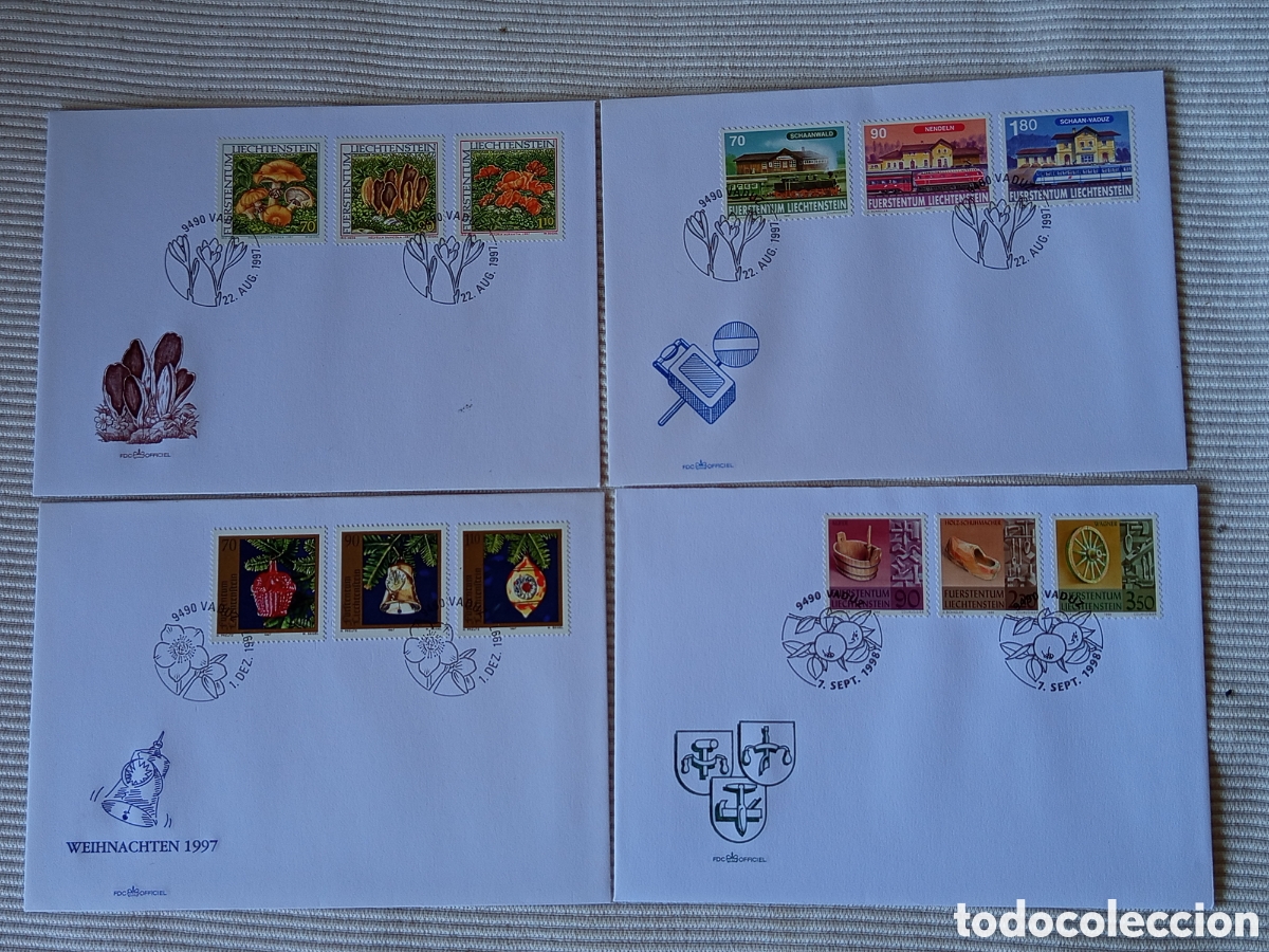 Sellos: Lote 4 FDC Liechtenstein 1997-1999 (Cat. Michel 1150-1200 / Scott 1096-1135) - Hongos, Trenes, Navid