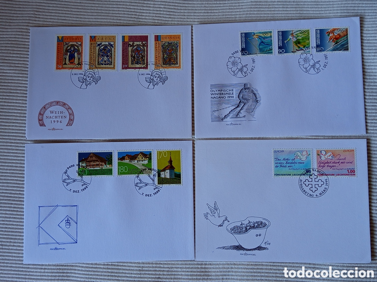 Sellos: Lote 4 Sobres Primer D&iacute;a (FDC) Liechtenstein 1995-1998 &bull; Cat. Michel 1101, 1163, 1184 y 1210