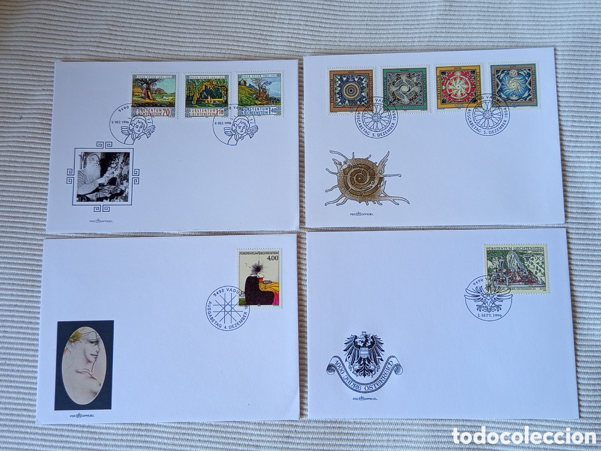 Sellos: Lote 4 Sobres Primer D&iacute;a (FDC) Liechtenstein 1994-1996 &bull; Hundertwasser &bull; Cat. Michel 1083/1131