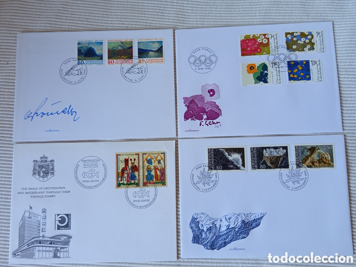 Sellos: Lote 4 Sobres Primer D&iacute;a (FDC) Liechtenstein 1970-1996 - Cat. Michel / Zumstein