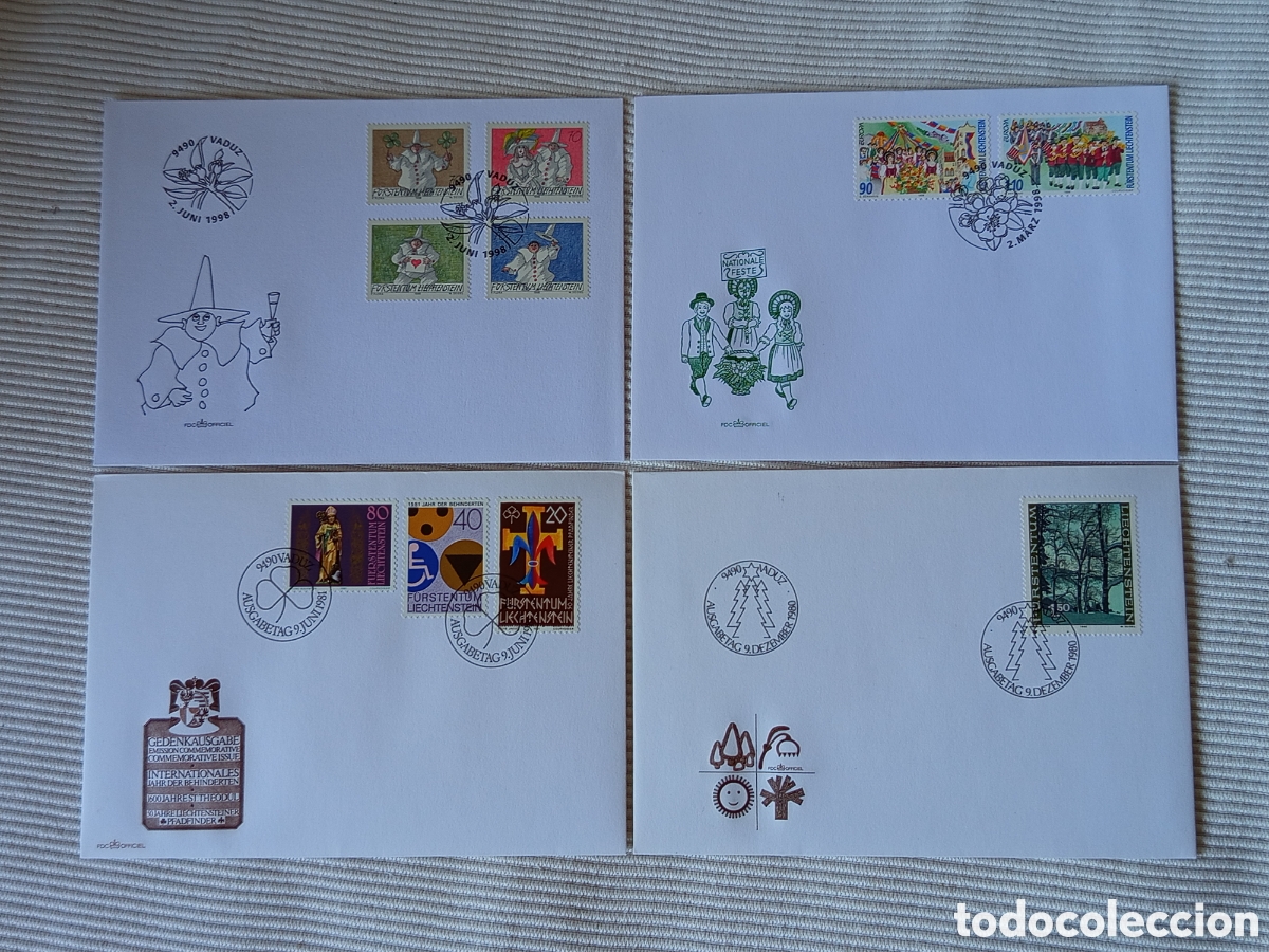 Sellos: Lote 4 Sobres Primer D&iacute;a (FDC) Liechtenstein 1980-1998 (Mi 757-760, 774, 1165-1166, 1173-1176)