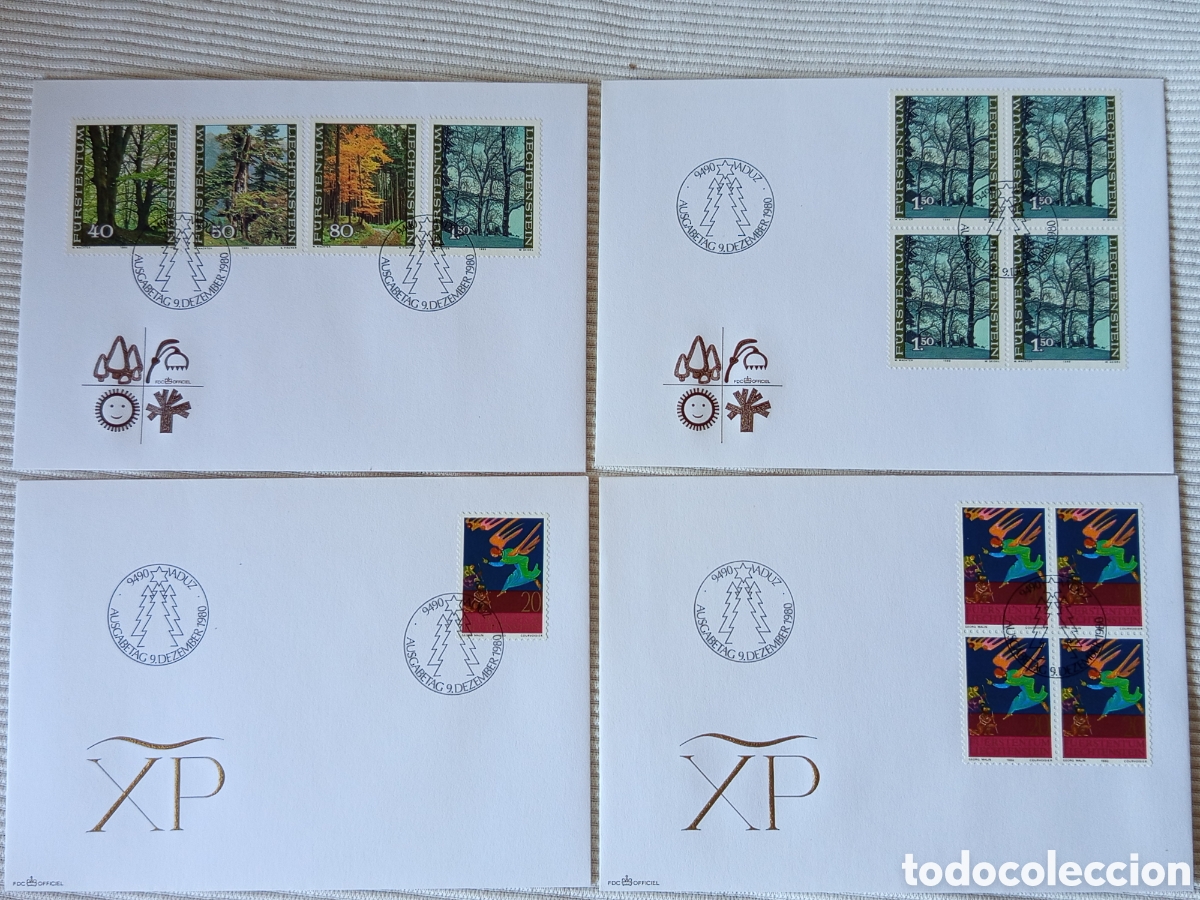 Sellos: Liechtenstein 1980 - Lote 4 Sobres FDC: Bosque y Navidad (Michel 757/60 y 761/63)