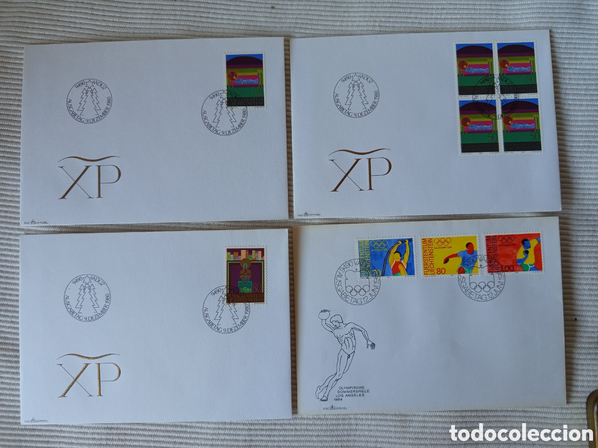 Sellos: Lote 4 FDC Liechtenstein: Navidad 1980 Hundertwasser (Edifil 763/65) y JJ.OO. Los &Aacute;ngeles 1984 (Edif