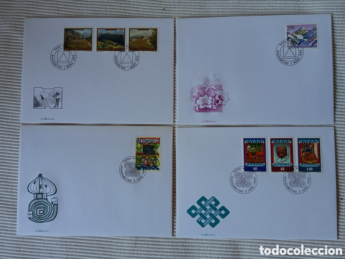Sellos: Lote 4 Sobres Primer D&iacute;a (FDC) Liechtenstein 1993 - MiNr 1056-1058, 1062-1065&rdquo;