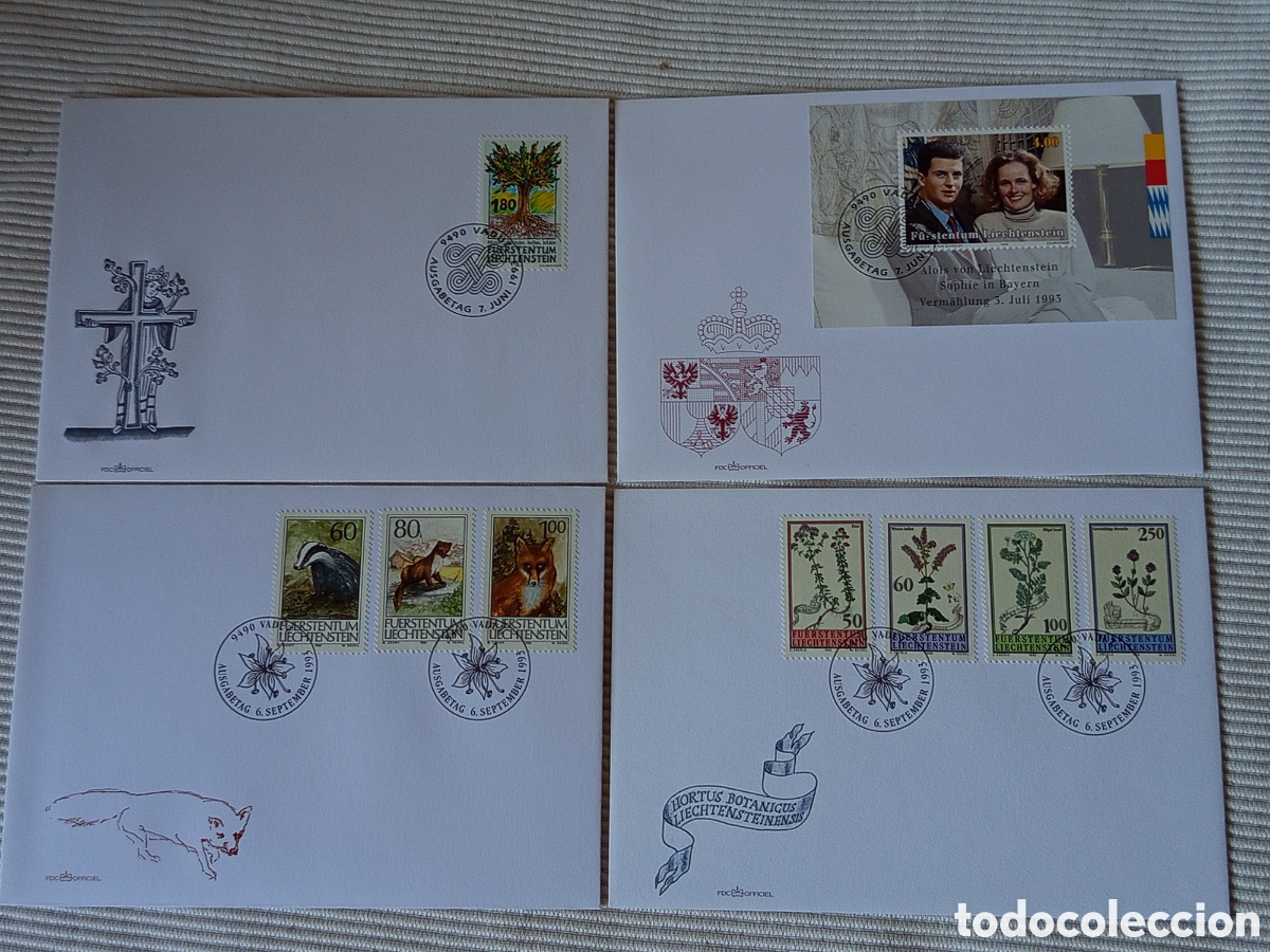 Sellos: Lote 4 FDC Liechtenstein 1993: Boda Real (Bloc 15), Flora (Mi 1069/72) y Fauna (Mi 1066/68)