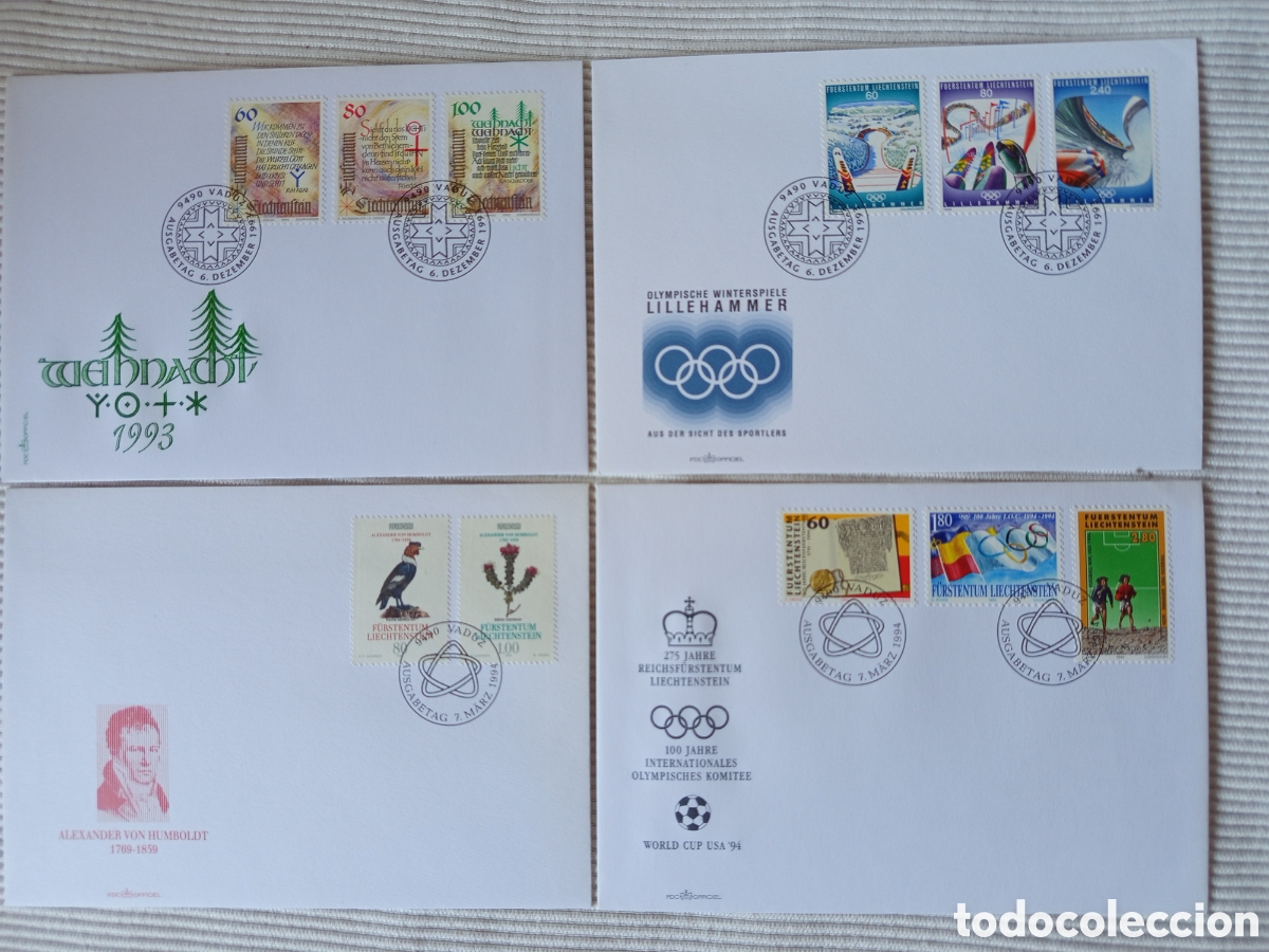 Sellos: T&iacute;tulo: Lote 4 Sobres Primer D&iacute;a (FDC) Liechtenstein 1993-1994 - Michel 1073/