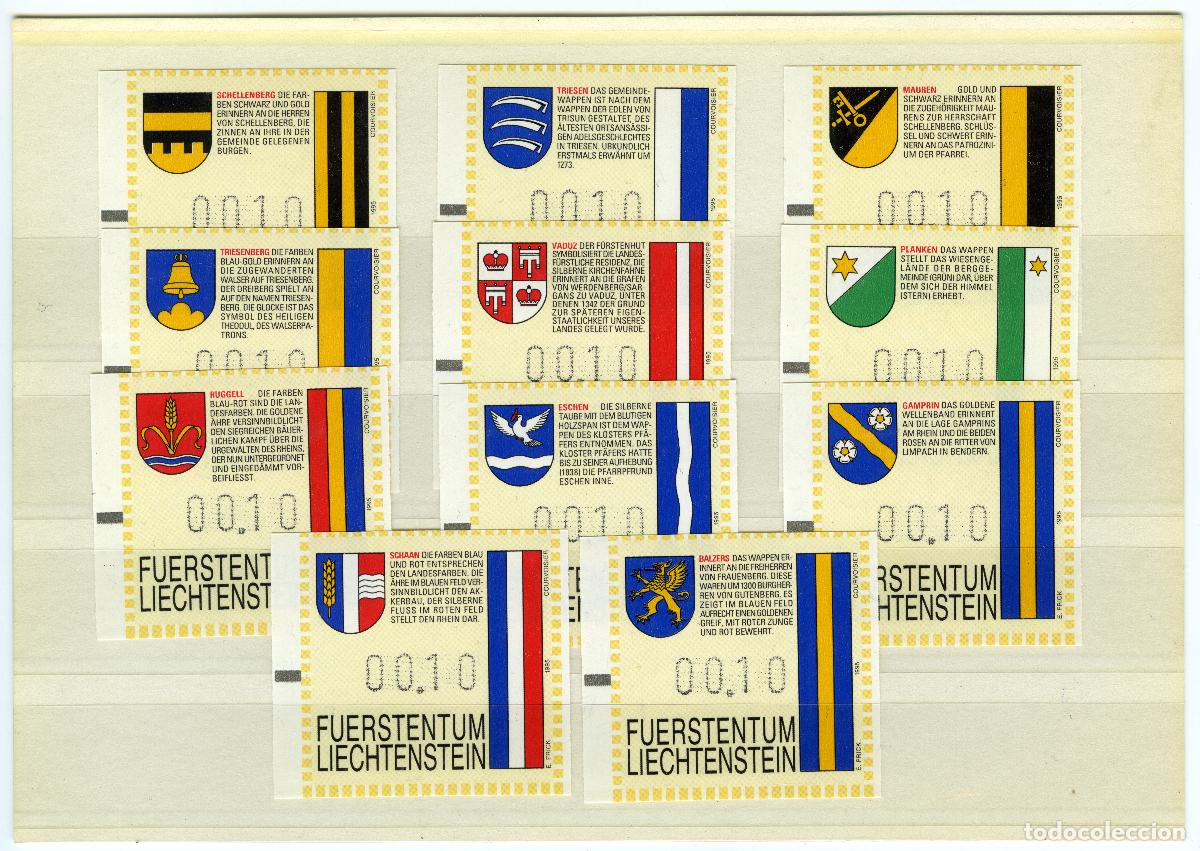 Sellos: ATM LIECHTENSTEIN 1995 &middot; FRAMA &middot; 00.10 FRANCOS &middot; SERIE 11 val. CIUDADES &middot; ESCUDOS Y BANDERAS #FL000