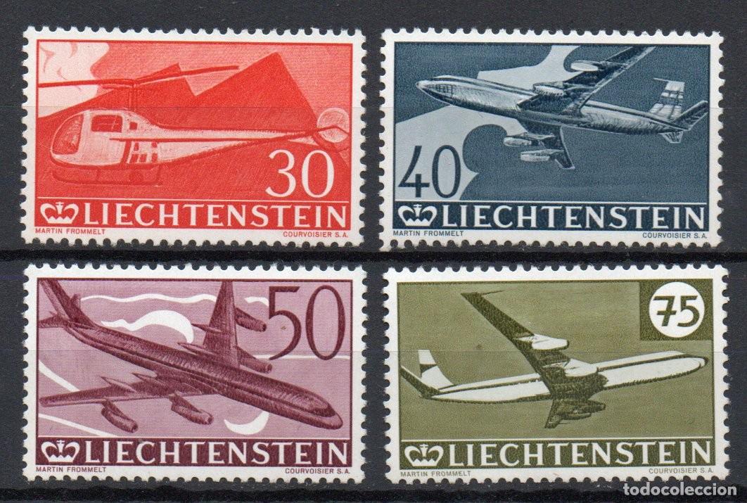 Sellos: LIECHTENSTEIN A&Ntilde;O 1960 YV A34/37* (MVLH) (AEREO) 30 ANIVERSARIO DEL CORREO AEREO AVIONES TRANSPORTES