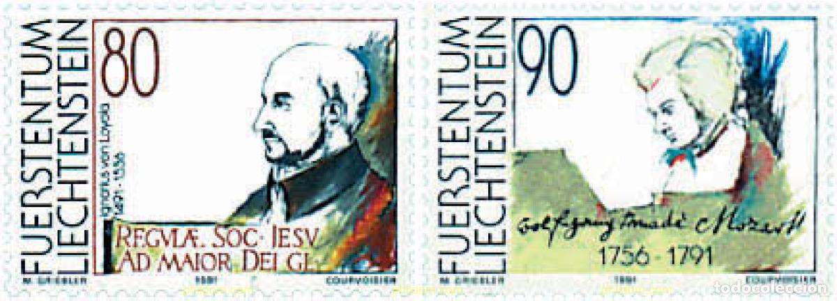 Sellos: 80793 MNH LIECHTENSTEIN 1991 500 ANIVERSARIO DE SAN IGNACIO DE LOYOLA Y BICENTENARIO DE MOZART
