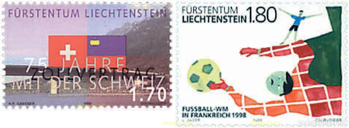 Sellos: 223947 MNH LIECHTENSTEIN 1998 75 ANIVERSARIO DE LA UNION ADUANERA CON SUIZA Y COPA DEL MUNDO DE FUT