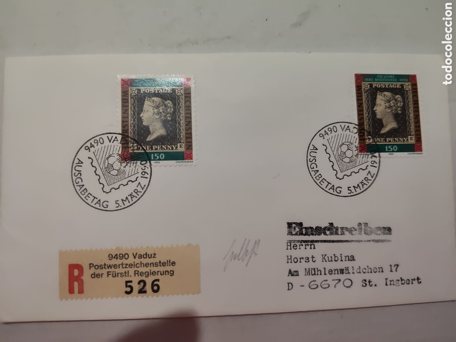 Sellos: Sobre postal de Liechtenstein con dos sellos
