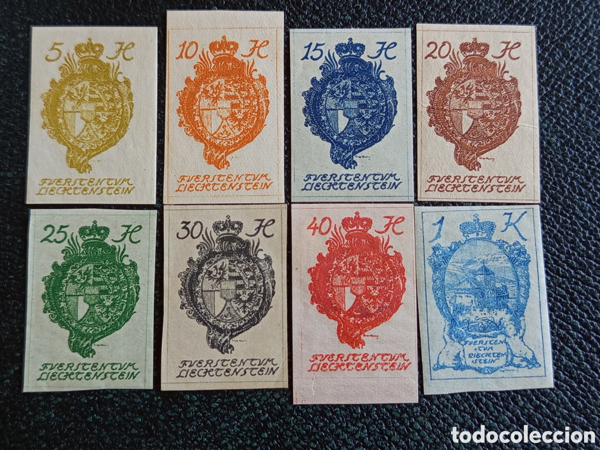 Sellos: Liechtenstein 1920 Escudo de Armas Sin Dentar 5h-1K Lote 8 Piezas Michel 46-52B nuevo MH