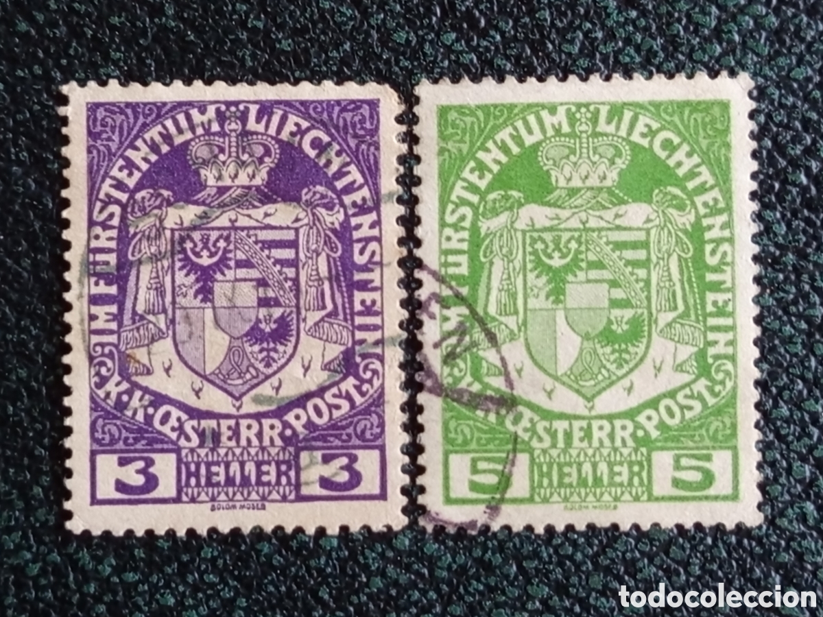 Sellos: Pareja Sellos Liechtenstein 1917 Escudo 3h Violeta y 5h Verde Michel 4 y 5