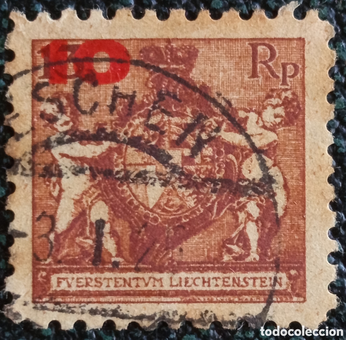 Sellos: Sello Liechtenstein 1920 Sobrecarga Roja 10 Rp s/ 3 Rp Usado Michel 42