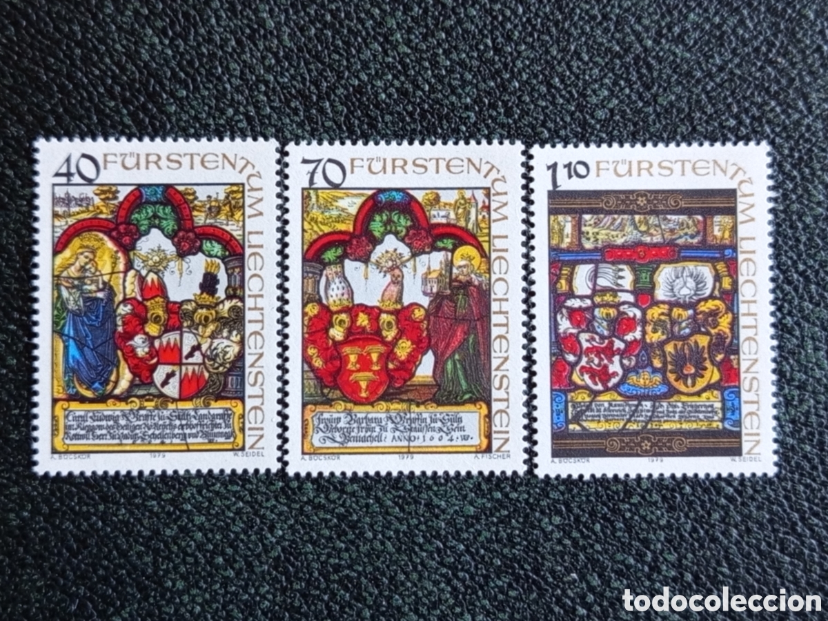 Sellos: Liechtenstein 1979 Lote 3 Sellos Vidrieras Her&aacute;ldica MNH Michel 723/725 YT 665/667