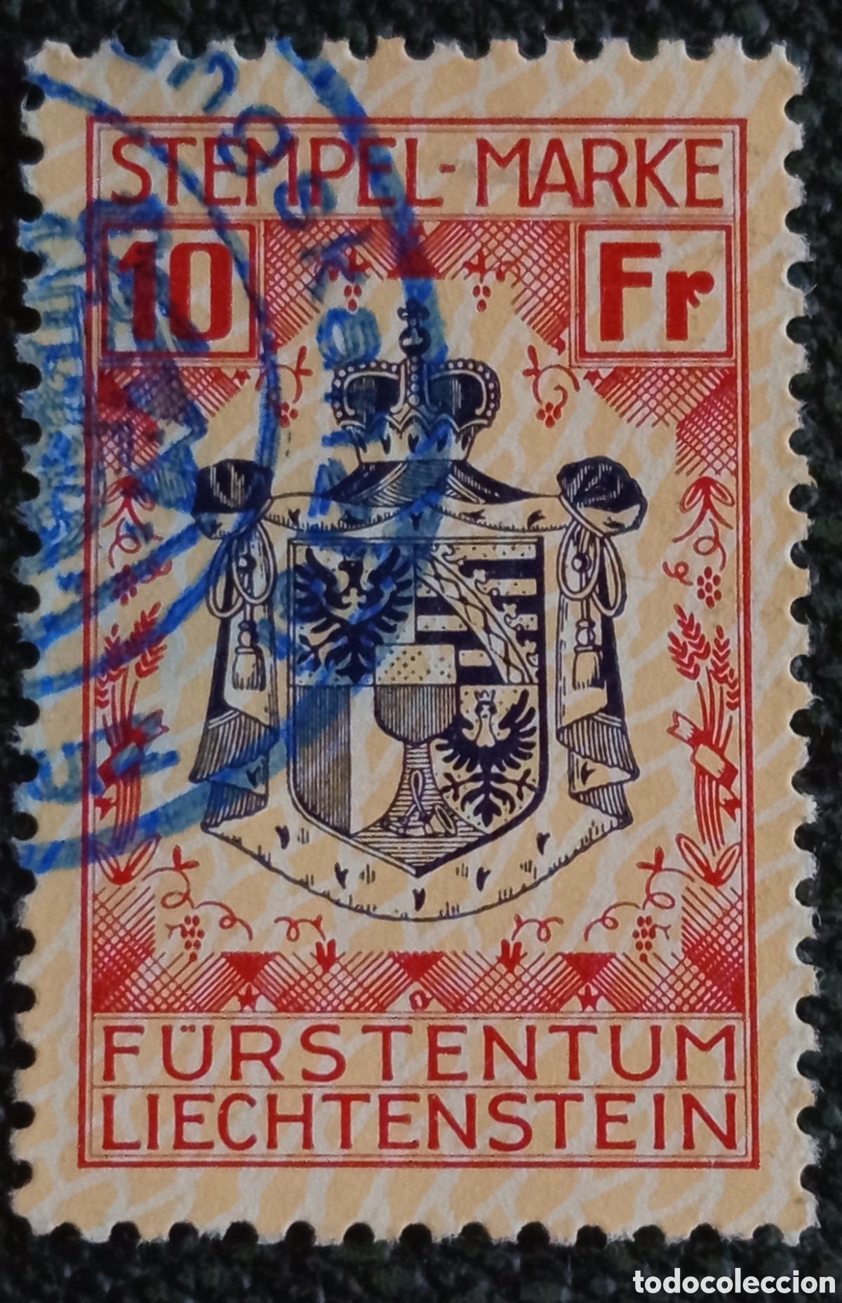 Sellos: Sello Fiscal Liechtenstein 1920 Escudo 10 Fr Usado (Barefoot #6 / Forbin #6)