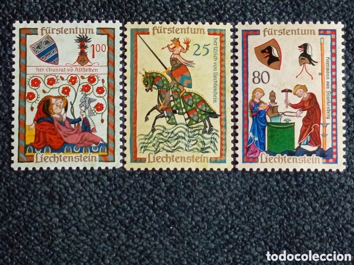 Sellos: Lote 3 Sellos Liechtenstein 1961/62 Trovadores Minnesingers (Michel 407, 409, 422) MH