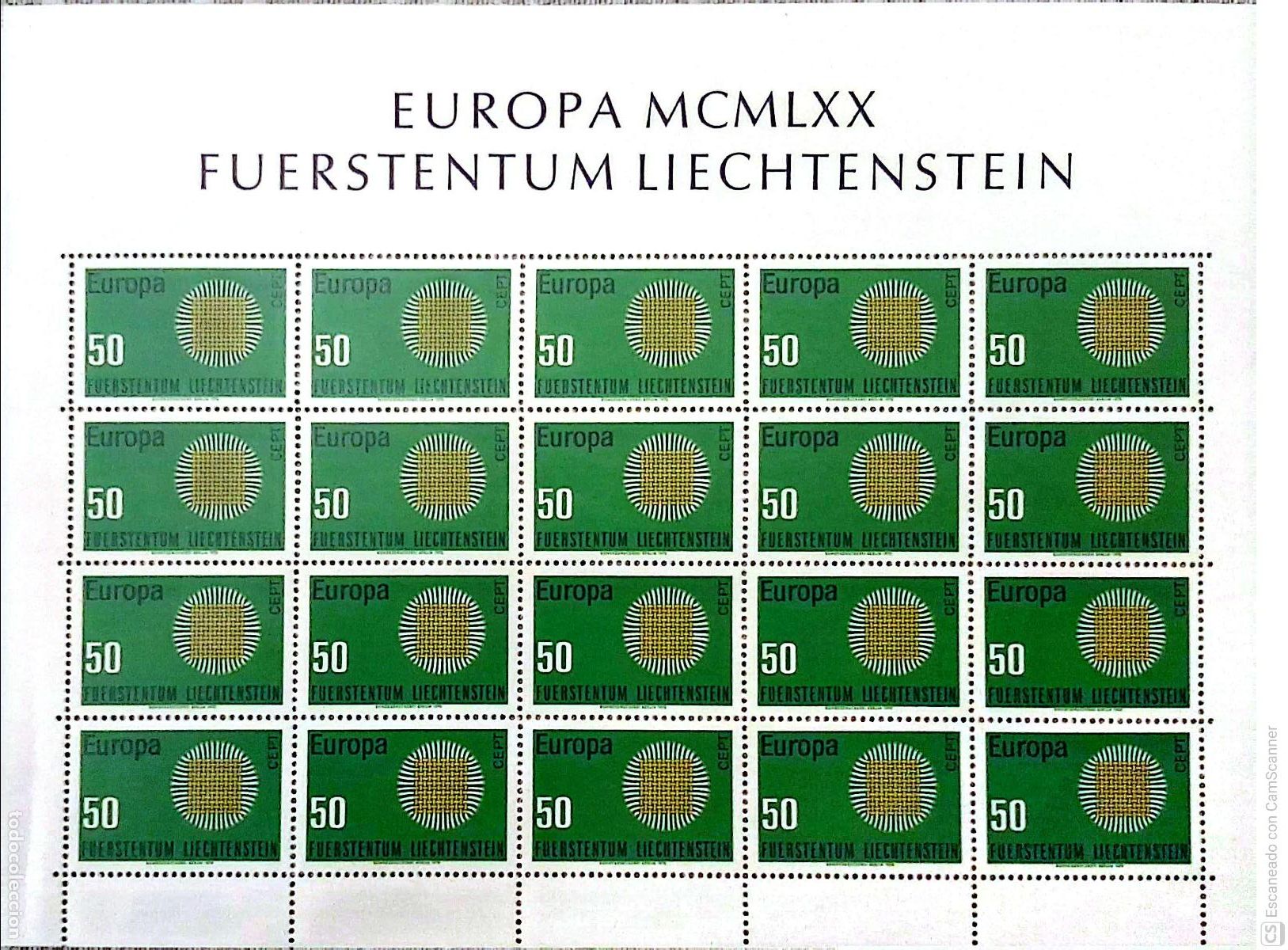 Sellos: Liechtenstein. 477 Europa-Cept, en MH de 20 sellos. 1970. Sellos nuevos sin charnela y numeraci&oacute;n