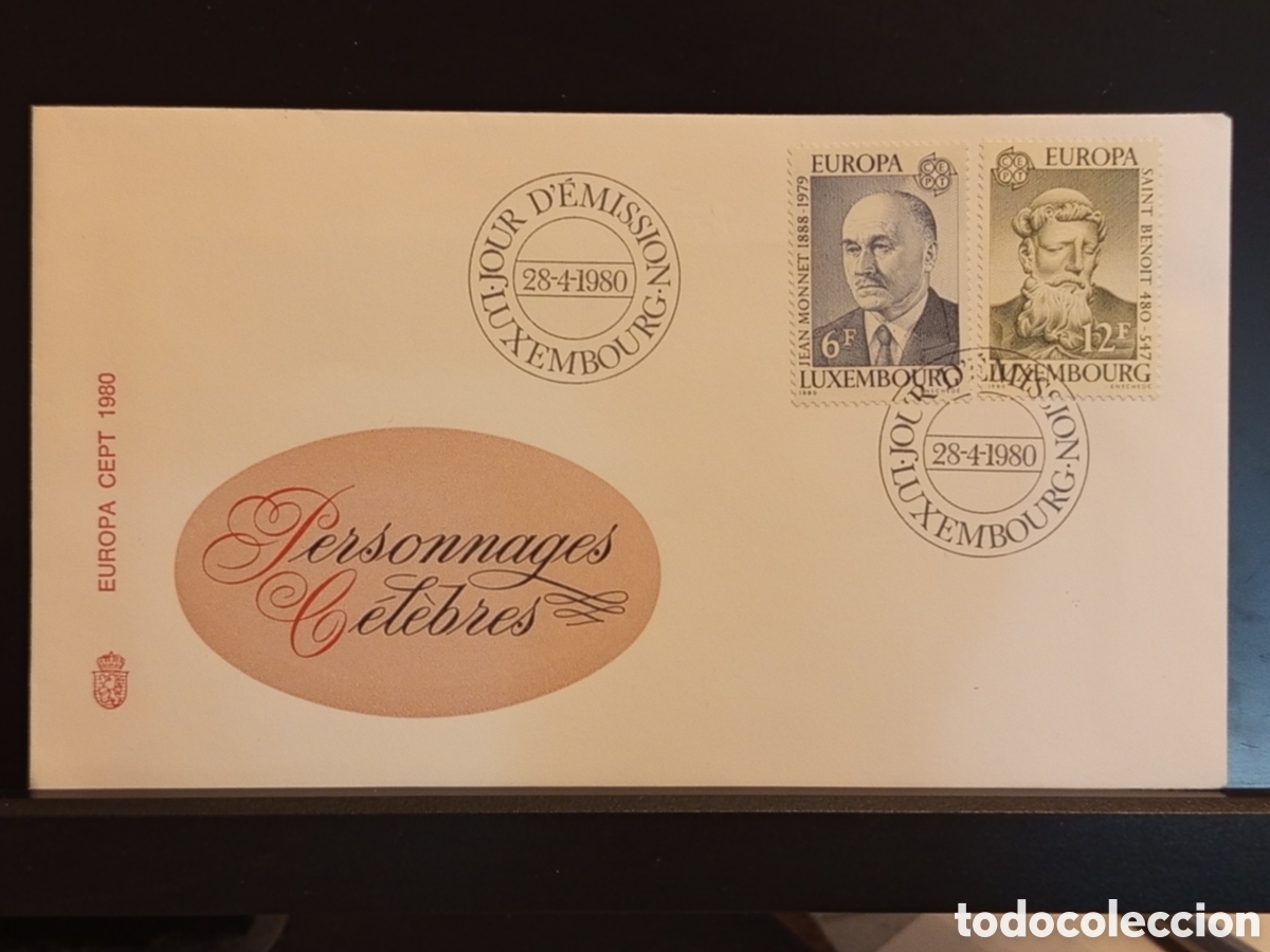 Sellos: &rdquo;FDC Luxemburgo 1980 - Europa CEPT - Jean Monnet & San Benito - Personnages&rdquo;