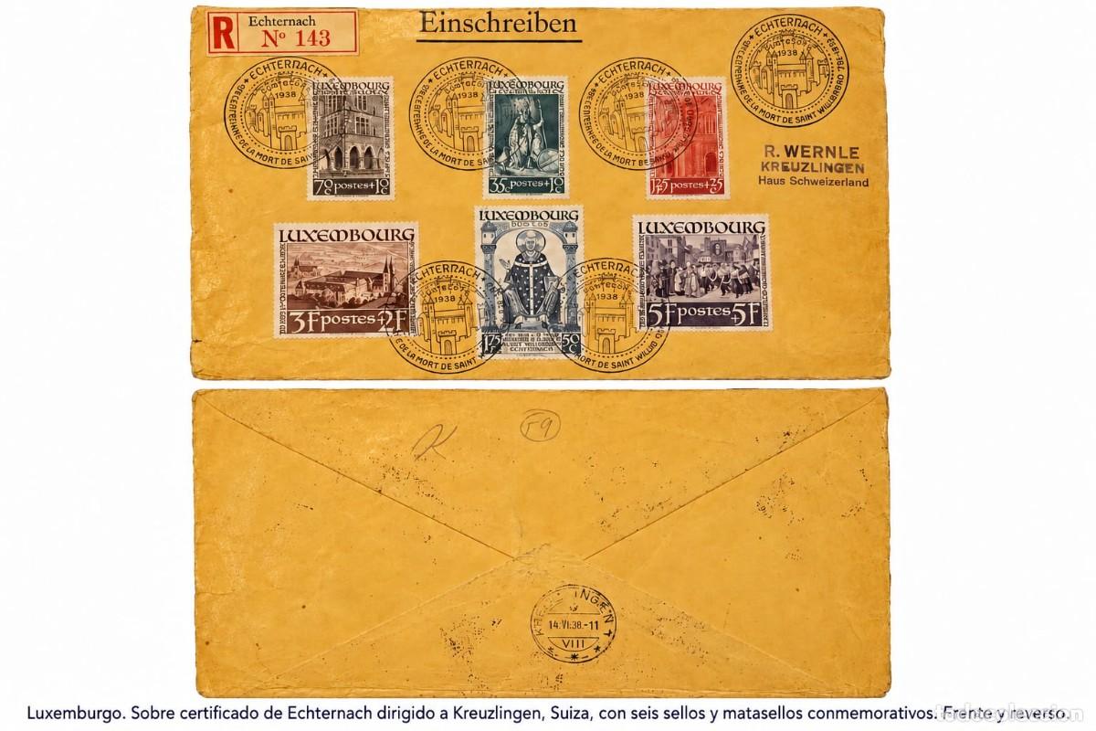 Sellos: O) 1938 LUXEMBOURG, ECHTERNACH, CENTENARY OF THE DEATH OF ST. WILLIBRORD - THE SURTAX WAS USED FOR