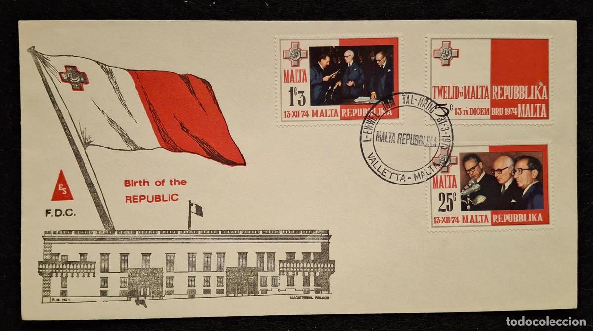 Sellos: Primer D&iacute;a de Emisi&oacute;n (F.D.C.) conmemorable de Malta, emitido el 13 de diciembre de 1974